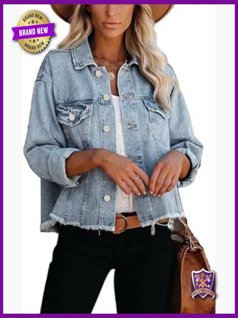 Oversized Cropped Denim Jacket With Pockets Distressed Lightweight Fringed Hem